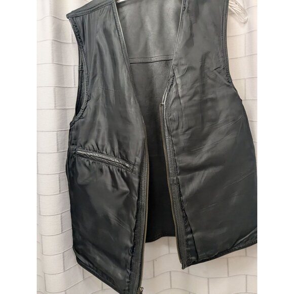 Black Leather Biker Vest With Zipper & Snap Closures 4 Pockets Supple Feel - Picture 5 of 6